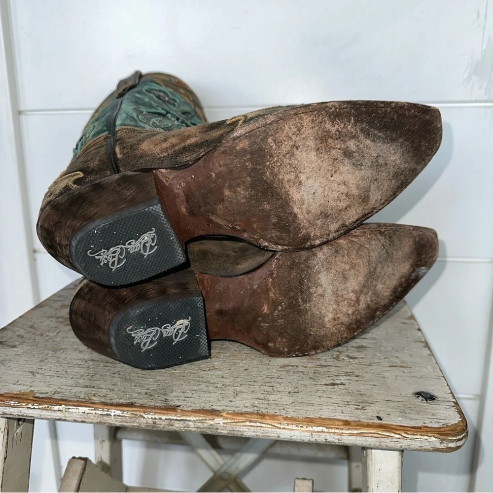Dan Post Miss Kate Distressed Brown Teal Blue bird  Wing Tip Cowboy Boots Sz 7 - Picture 6 of 7